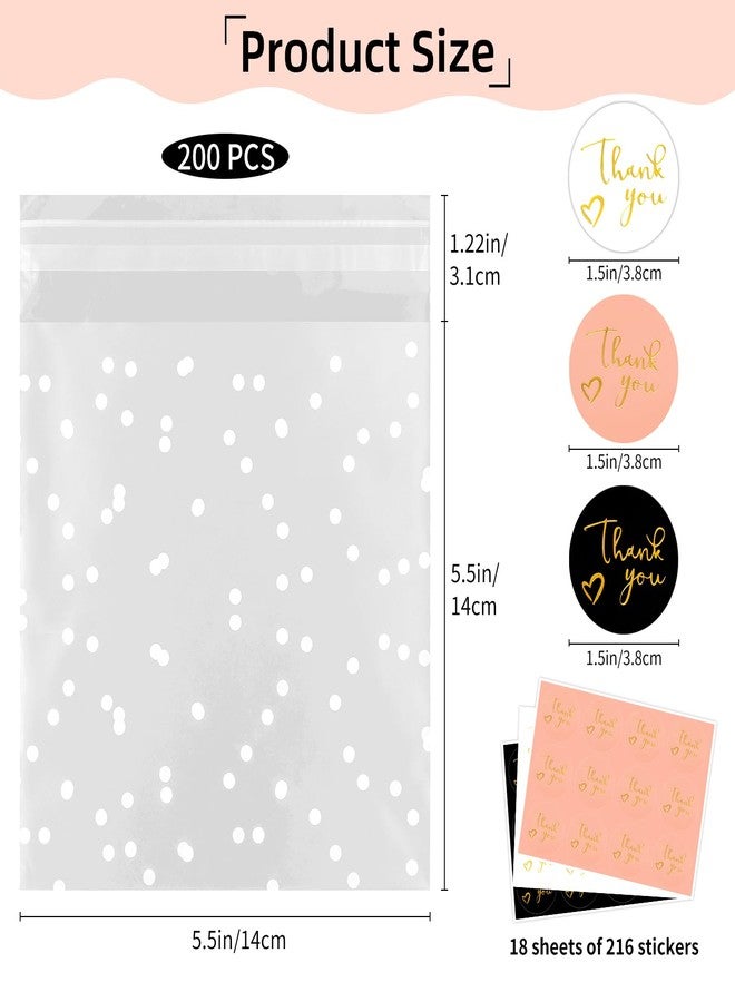 Motroce 416PCS Self Adhesive Cookie Bags Set, 200 Matte Semi Transparent White Polka Dot Cellophane Treat Bags with 216 Thank You Stickers for Bakery Biscuit Chocolate Snacks Dessert(5.5x5.5 Inches,Thicken) - Image 2